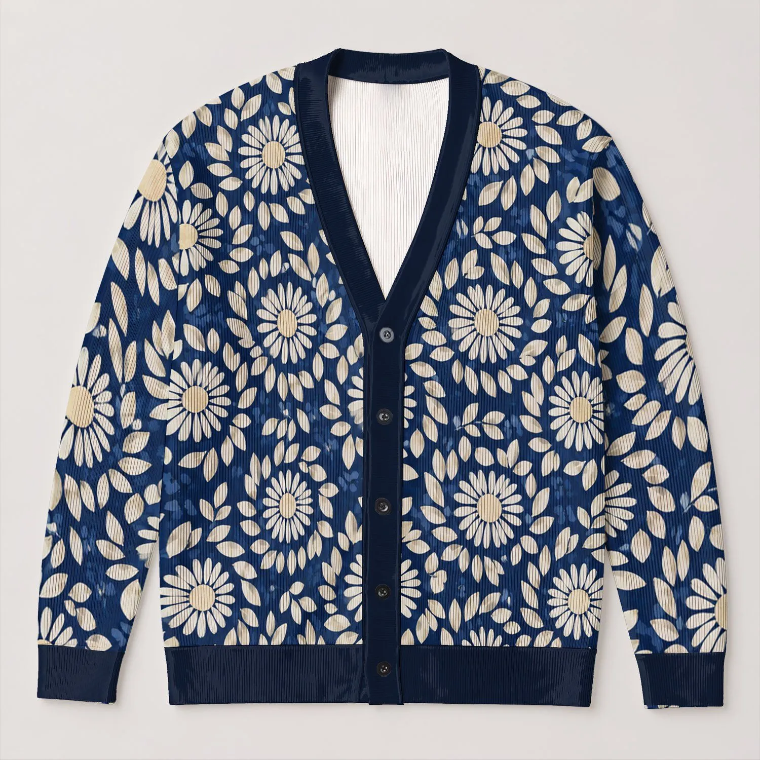 Navy Ivory Sunburst Floral Motif for Relaxed Everyday Layering and Boho Style All-over Print Knitted Cardigan - 1