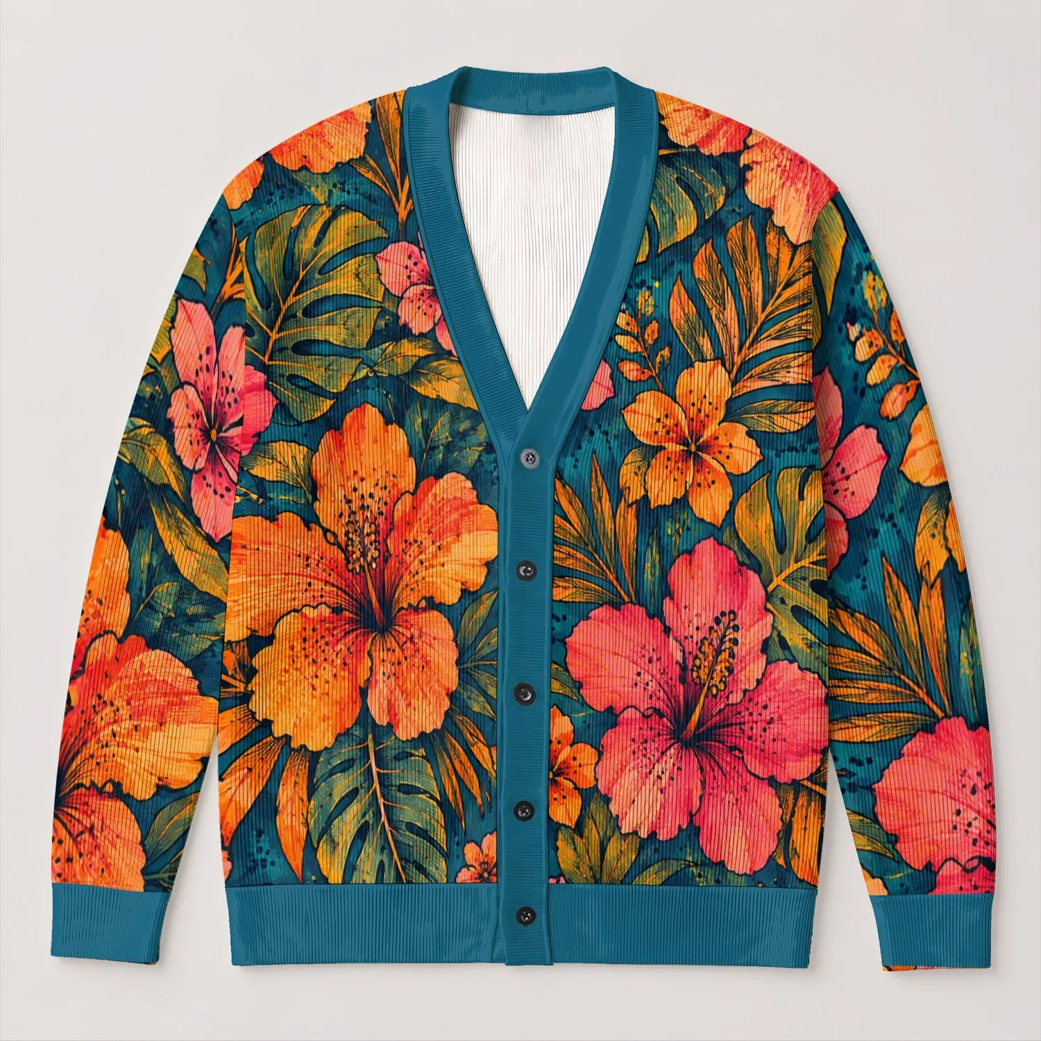 Tropical Teal Orange Floral Blooms for Spring Summer Layering Style All-over Print Knitted Cardigan - 1