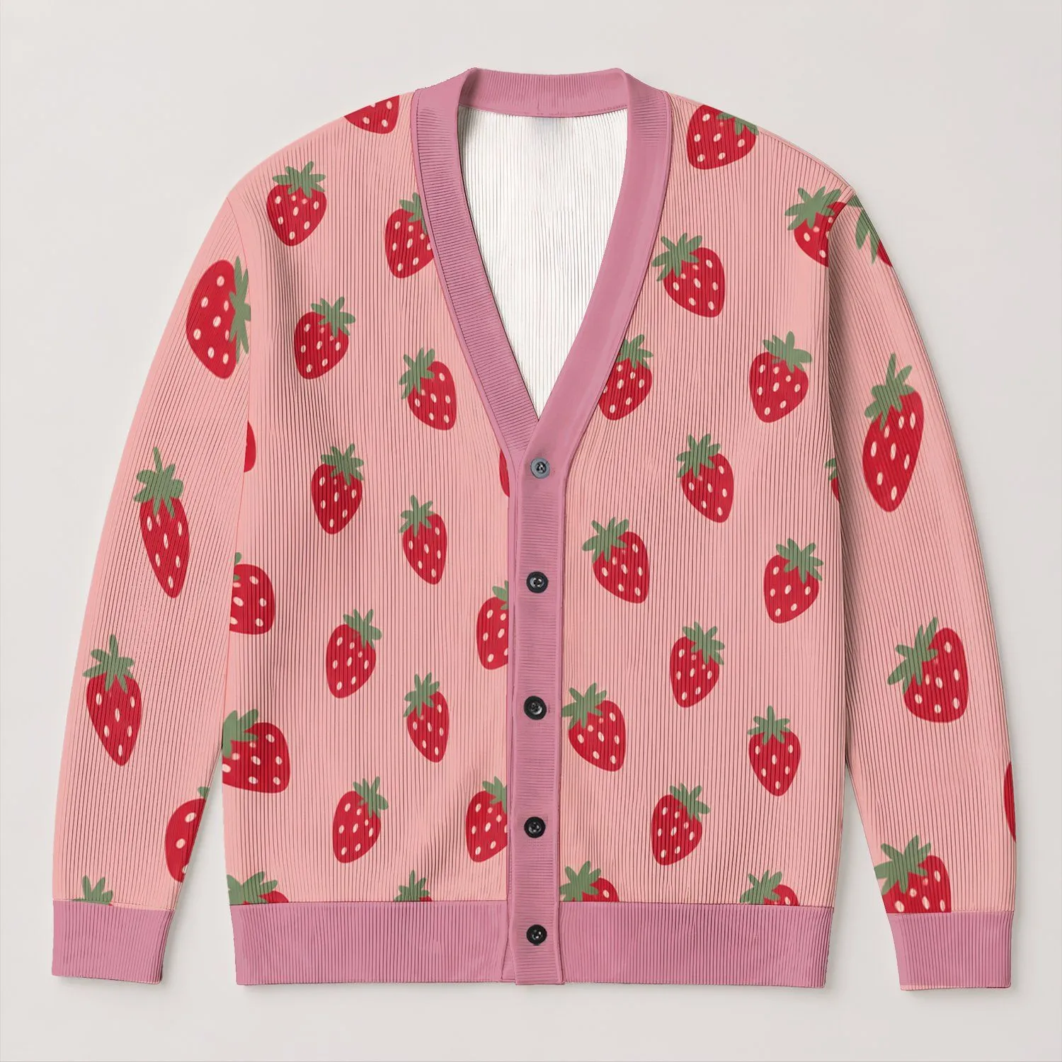 Red Strawberry Motif in Blush Pink for Cozy Autumn Outings and Everyday Wear All-over Print Knitted Cardigan - 1