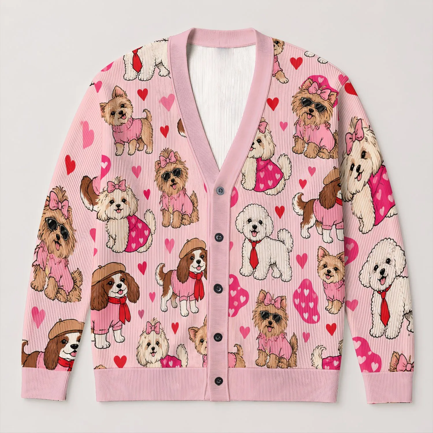 Cute Dogs in Pink Outfits for Cozy Autumn Days and Cheerful Everyday Style for Her All-over Print Knitted Cardigan - 1