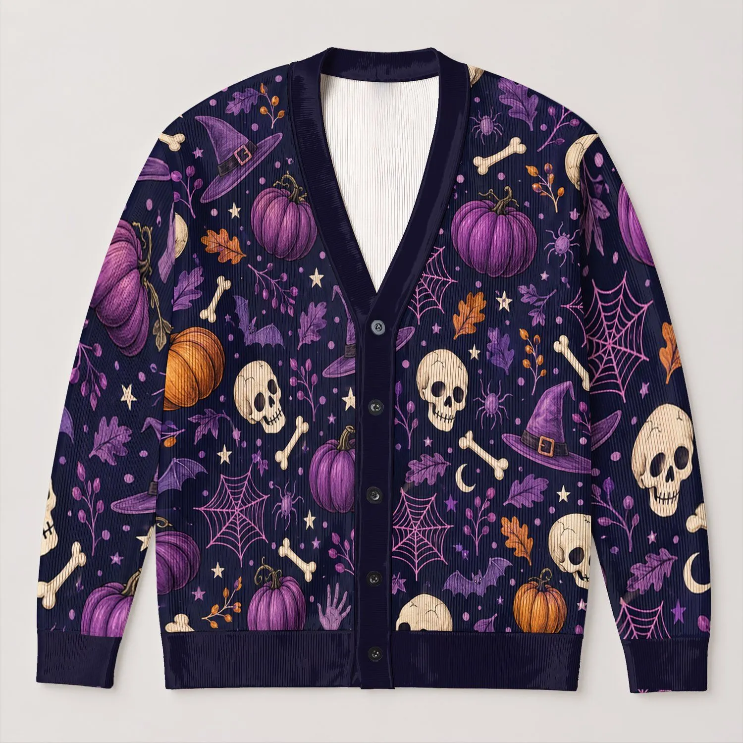 Purple Skull Pumpkin Halloween Motifs for Cozy Autumn Nights and Festive Layering All-over Print Knitted Cardigan - 1