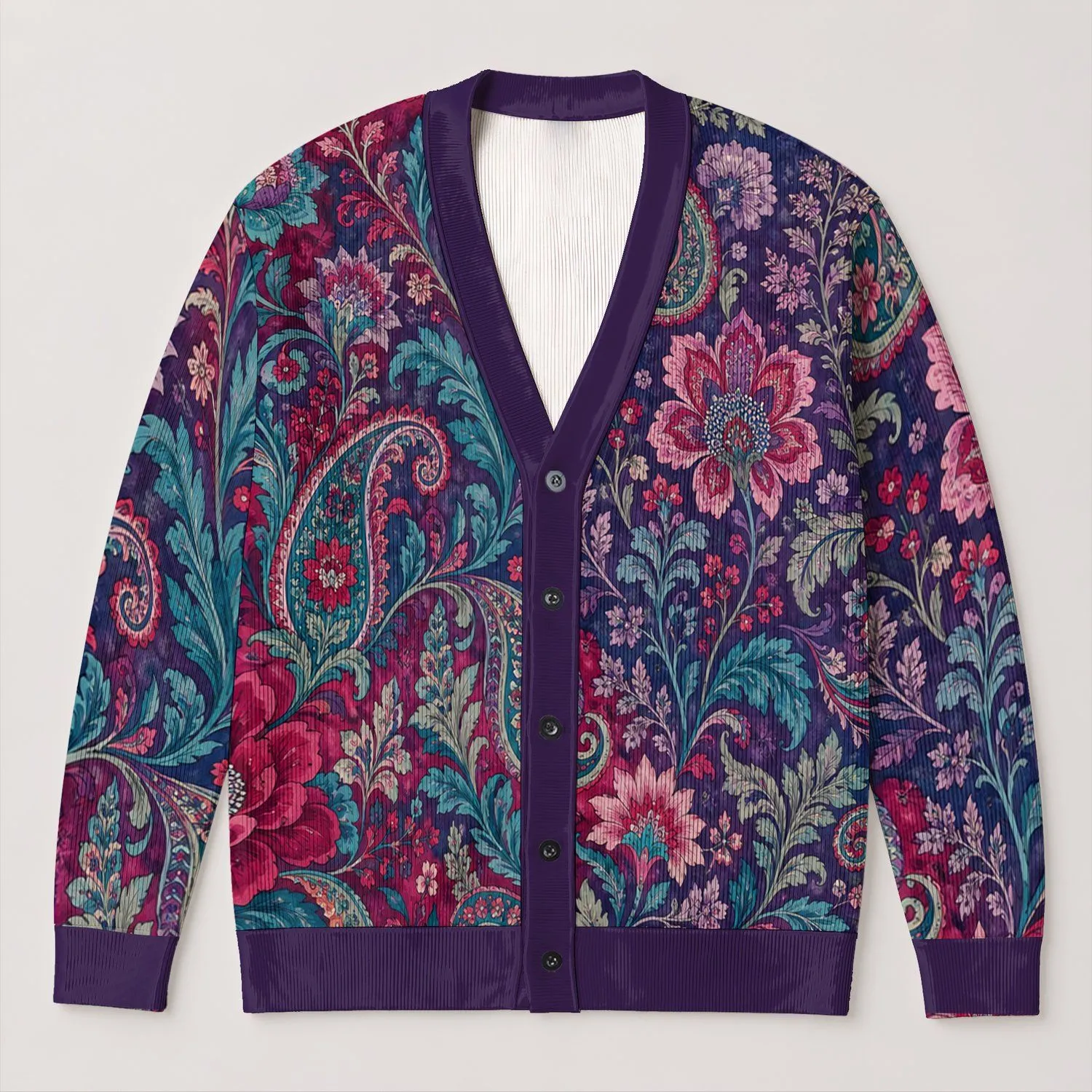 Violet Paisley Floral Garden for Colorful Everyday Autumn Layering All-over Print Knitted Cardigan - 1
