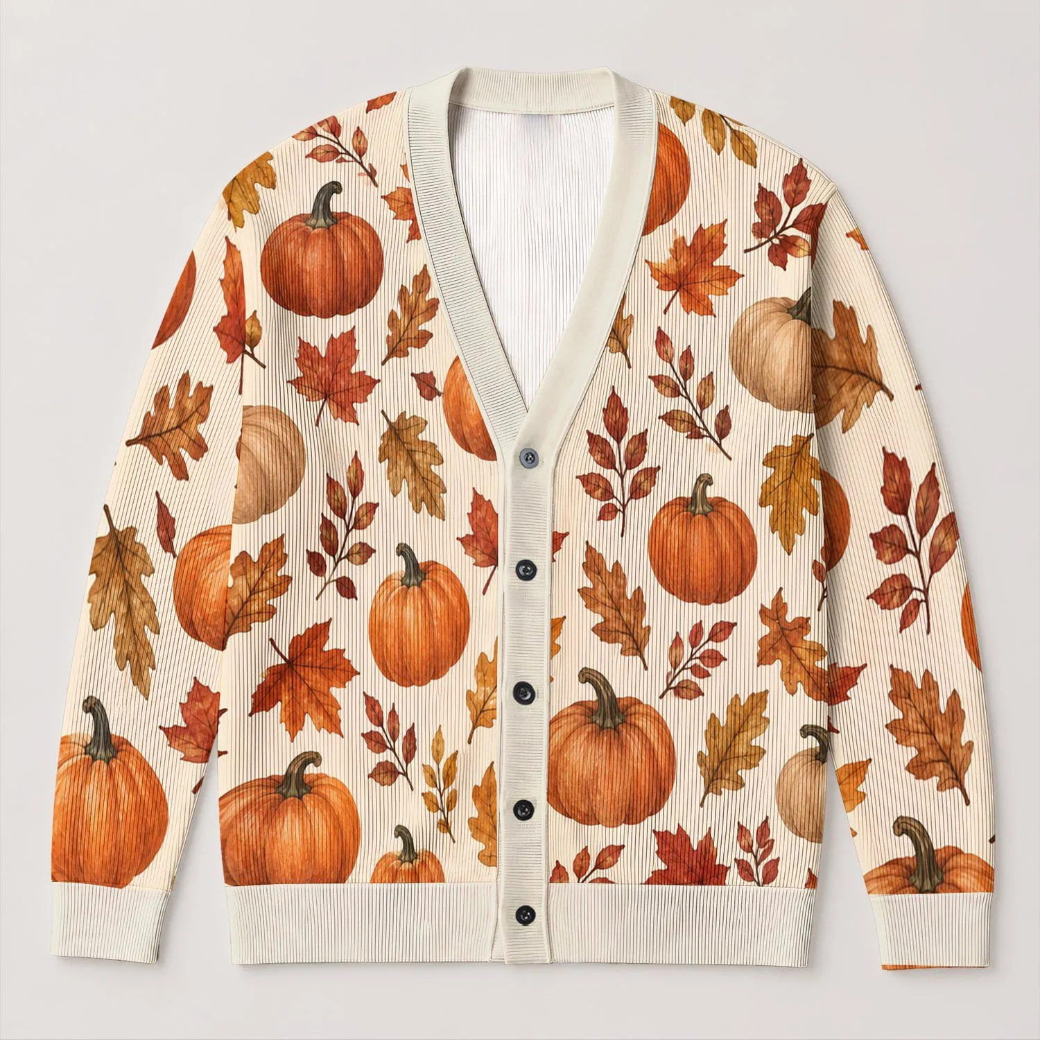 Rustic Autumn Pumpkins and Maple Leaves for Cozy Harvest Season Everyday Layering All-over Print Knitted Cardigan - 1