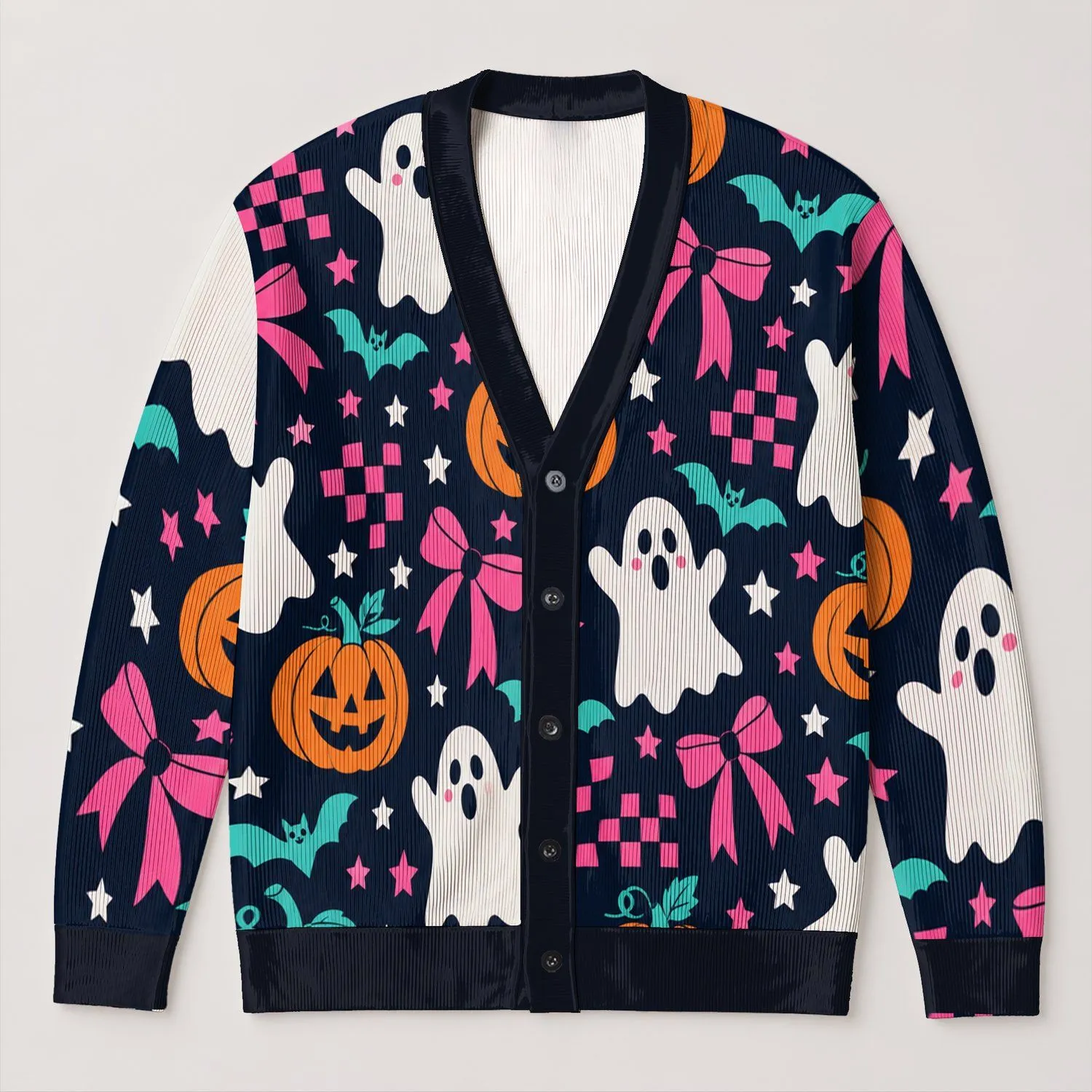 Ghost Pumpkin Bows for Playful Halloween Parties and Autumn Gatherings All-over Print Knitted Cardigan - 1