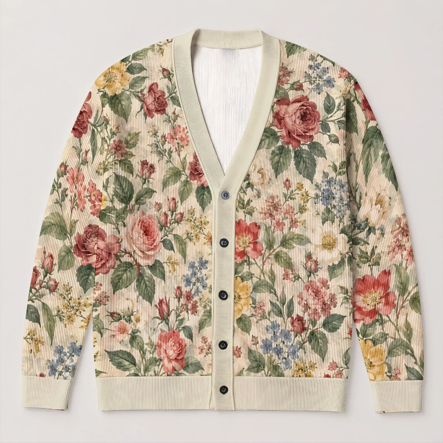 Watercolor Rose and Wildflower Floral for Cozy Autumn Layering All-over Print Knitted Cardigan - 1