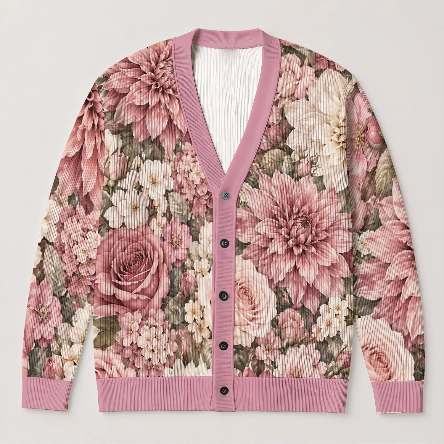 Blush Pink and Ivory Floral Blooms for Cozy Everyday Layering and Spring Outings All-over Print Knitted Cardigan - 1