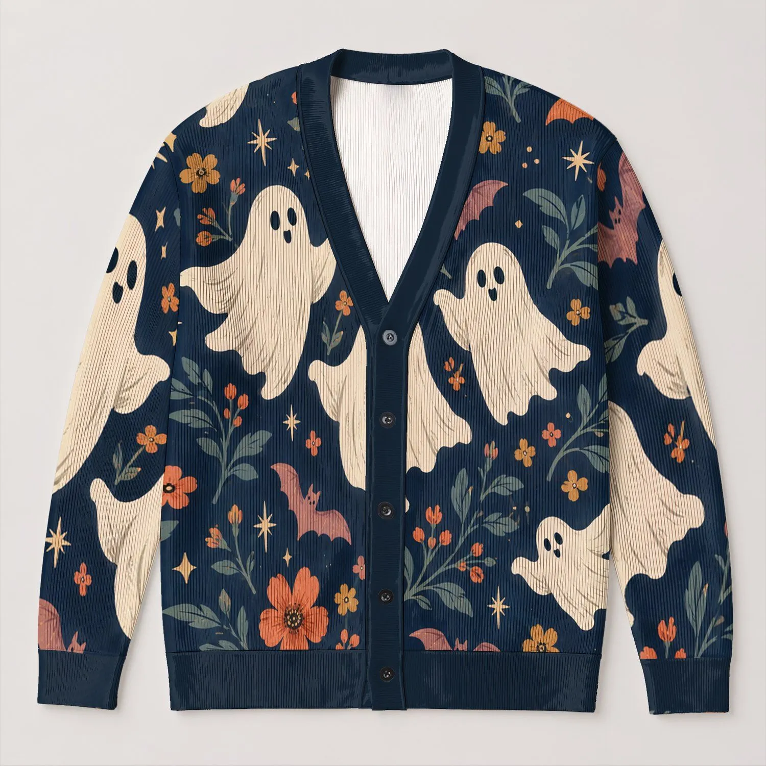 Ghosts, Bats & Autumn Flowers for Cozy Halloween Nights and Relaxed Fall Style All-over Print Knitted Cardigan - 1