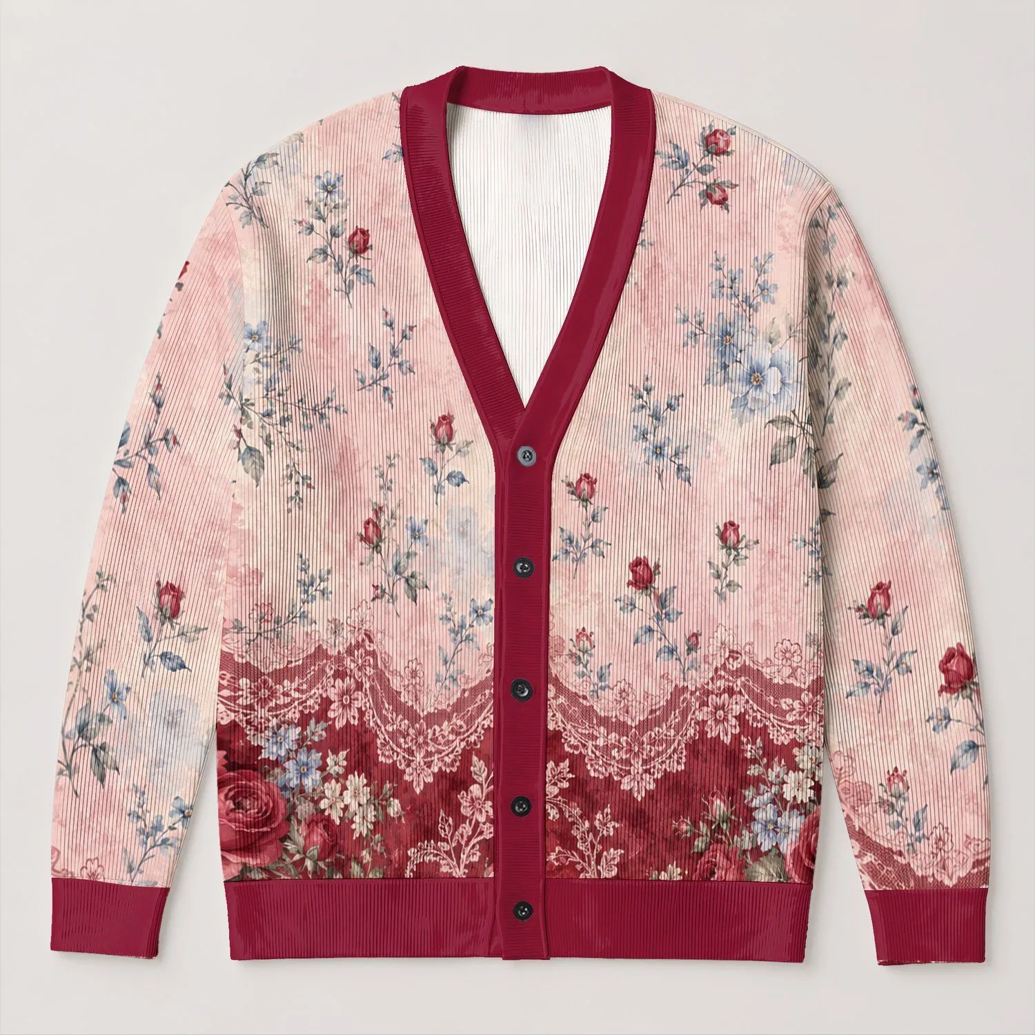 Blush Rose And Lace Florals For Romantic Autumn Layering And Cozy Everyday Style For Women All-over Print Knitted Cardigan - 1
