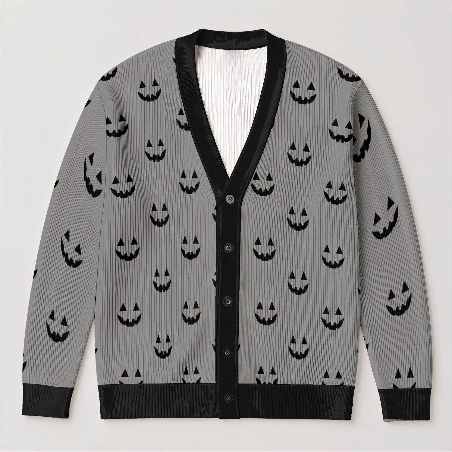 Black Jack-O'-Lantern Faces for Halloween Parties and Cozy Autumn Season Celebrations All-over Print Knitted Cardigan - 1