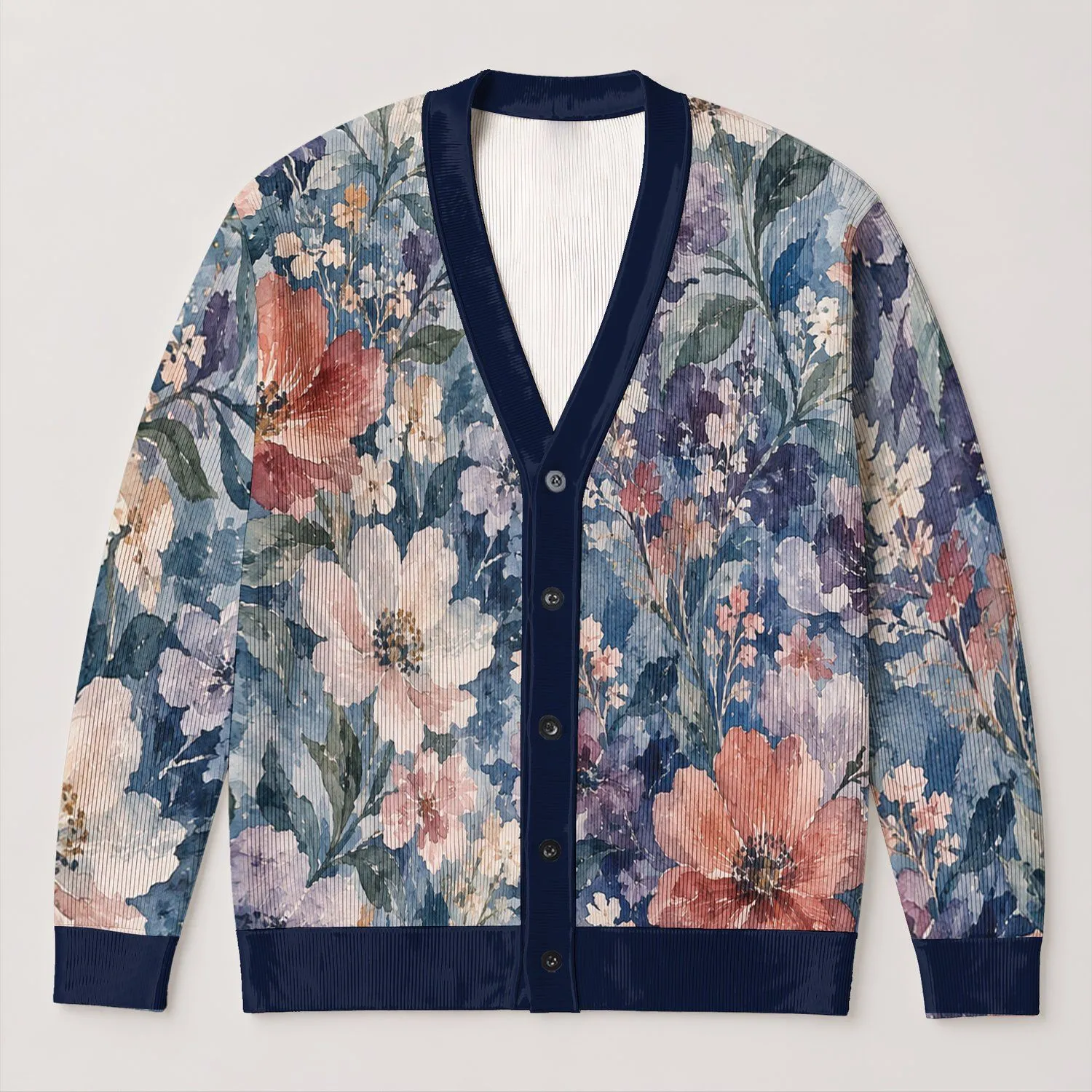 Blue Watercolor Floral Blooms for Relaxed Autumn Layering and Casual Weekend Outings All-over Print Knitted Cardigan - 1