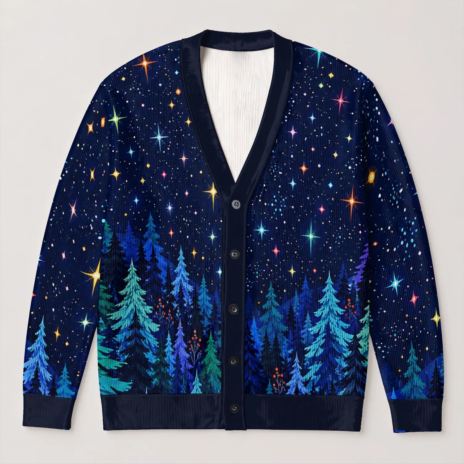 Colorful Evergreen Forest Beneath Cosmic Stars For Festive Winter Layering Everyday Style All-over Print Knitted Cardigan - 1