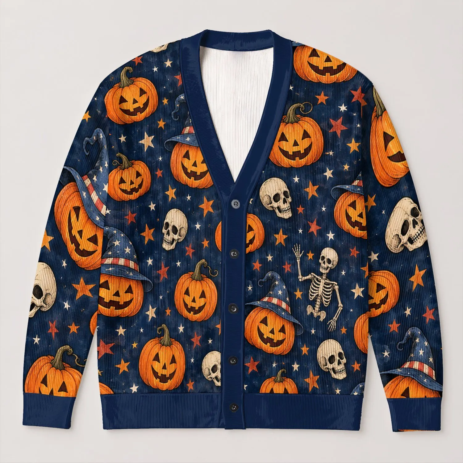 Pumpkin Skeleton Witch Hat Autumn Halloween Style For Women Cozy Seasonal Layering All-over Print Knitted Cardigan - 1