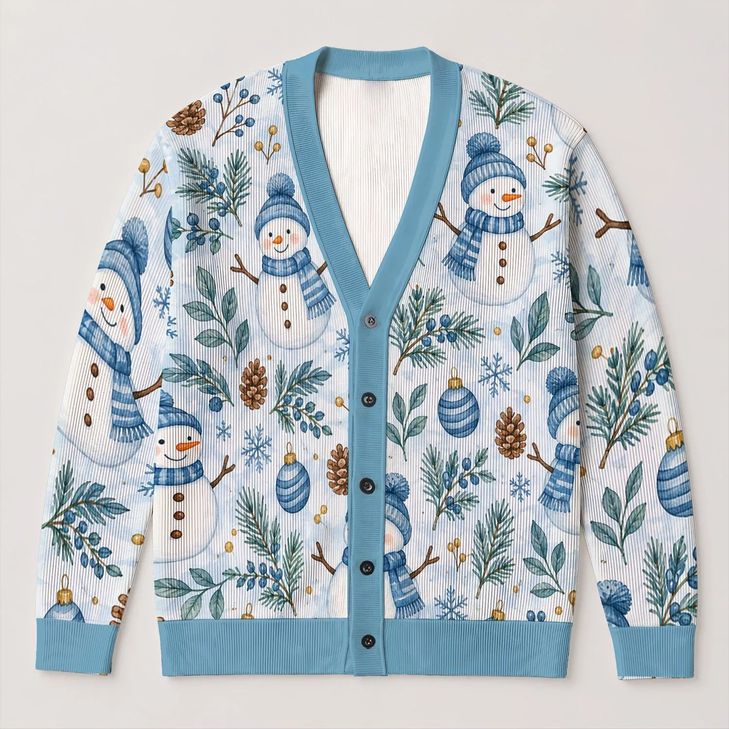 Snowmen And Blue Ornaments For Cozy Christmas Cheer, Winter Holidays, And Layering All-over Print Knitted Cardigan - 1