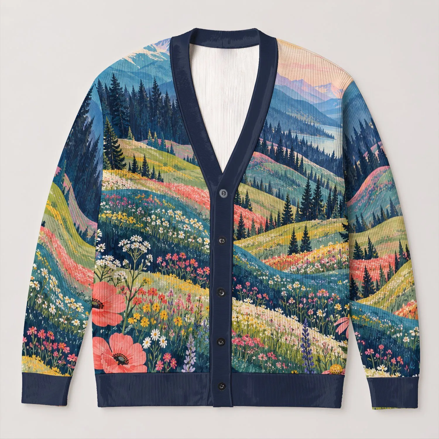 Colorful Alpine Meadow Landscape For Relaxed Weekend Layering And Nature Lovers All-over Print Knitted Cardigan - 1