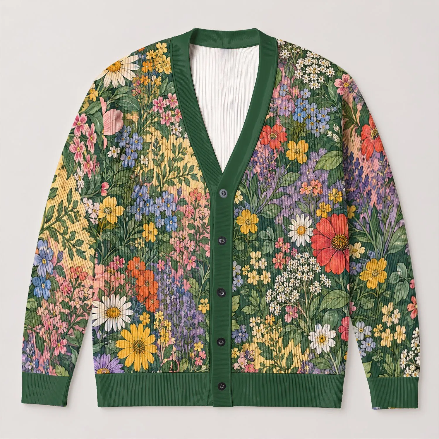Dense Wildflower Garden for Relaxed Weekend Layering and Spring-Fall Bohemian Style All-over Print Knitted Cardigan - 1