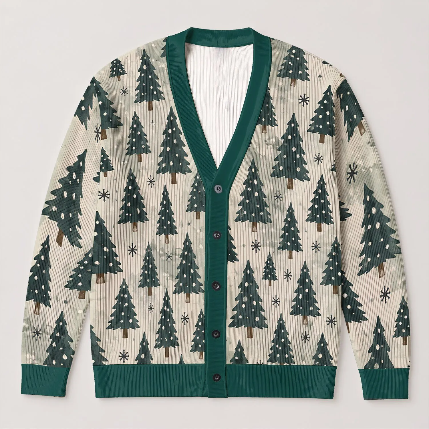 Evergreen Tree And Snowflake Holiday Motif For Cozy Winter Layering, Women's Style All-over Print Knitted Cardigan - 1