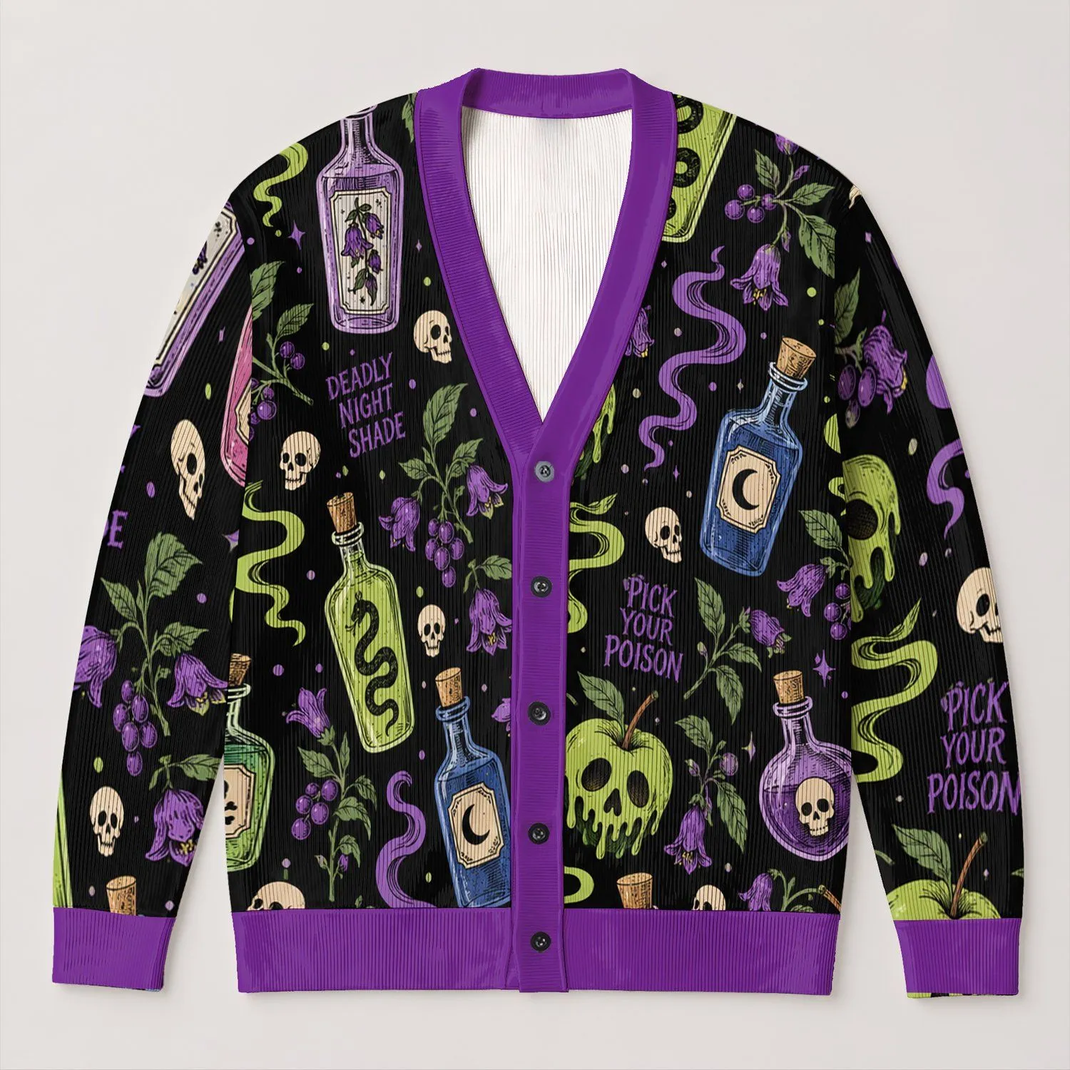 Poison Apple Potions for Spooky Halloween Nights and Villain-Themed Park Days All-over Print Knitted Cardigan - 1