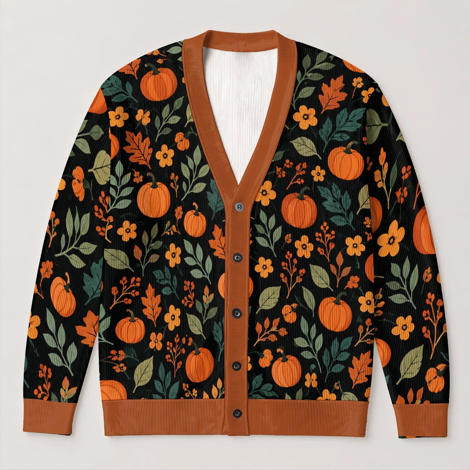 Autumn Pumpkins and Falling Leaves for Cozy Thanksgiving Harvest Gatherings All-over Print Knitted Cardigan - 1