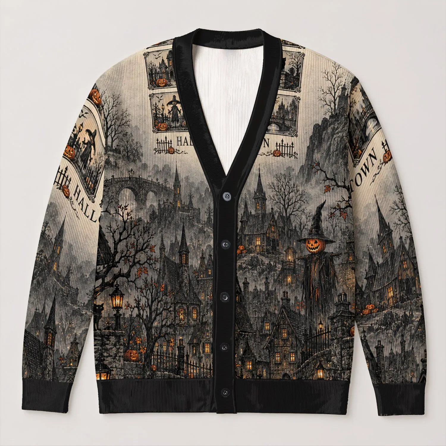 Haunted Halloween Town Pumpkin Village for Spooky Autumn Nights and Fall Gatherings All-over Print Knitted Cardigan - 1