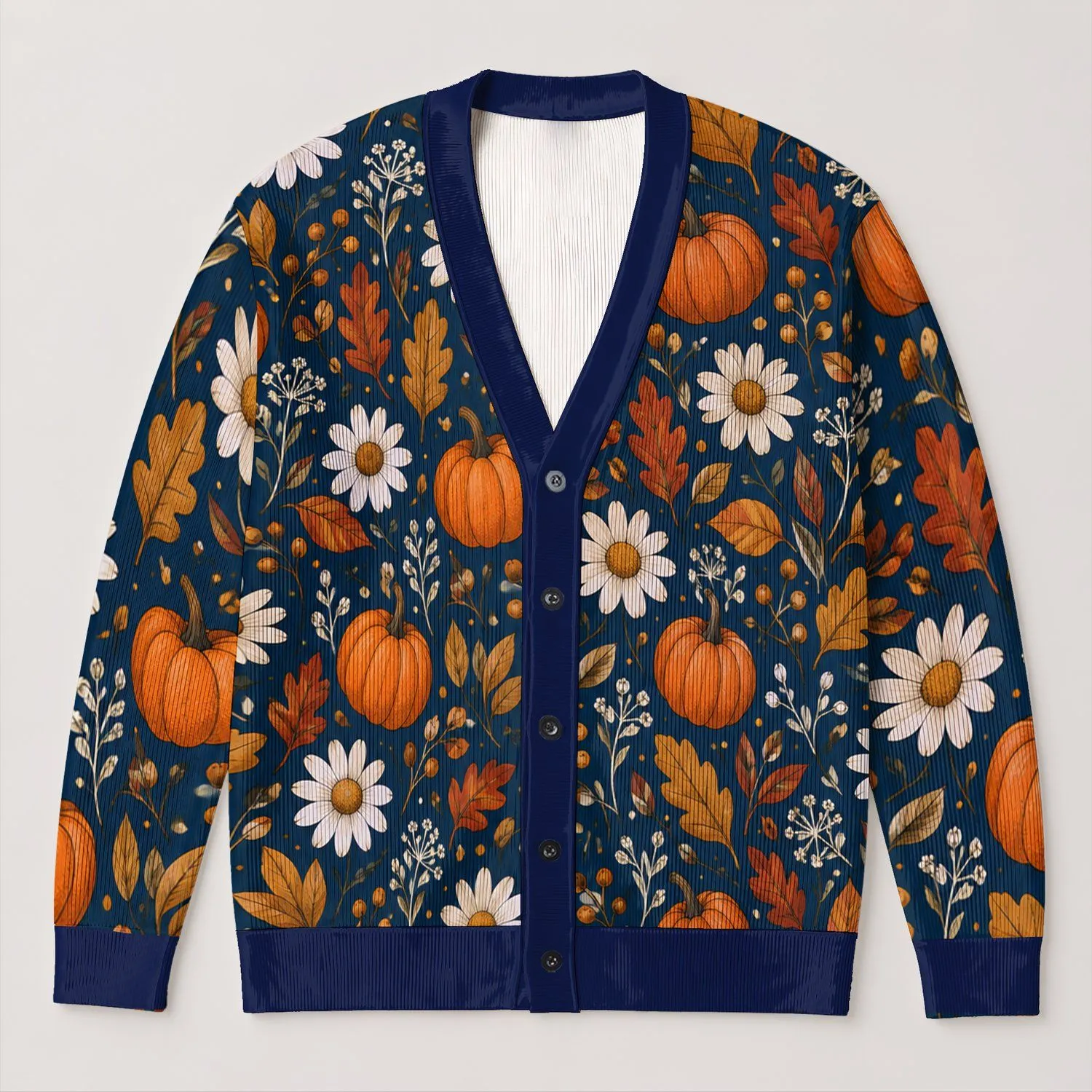 Navy Pumpkin Daisy Motif for Cozy Autumn Layering and Halloween Gatherings for Women All-over Print Knitted Cardigan - 1