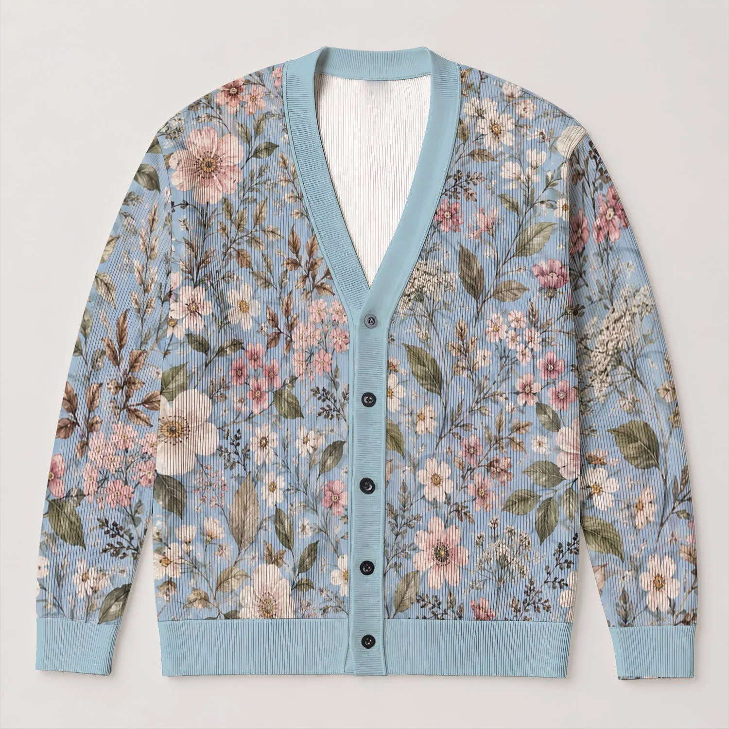Pastel Blue Wildflower Blooms For Relaxed Autumn Layering And Everyday Women's Style All-over Print Knitted Cardigan - 1