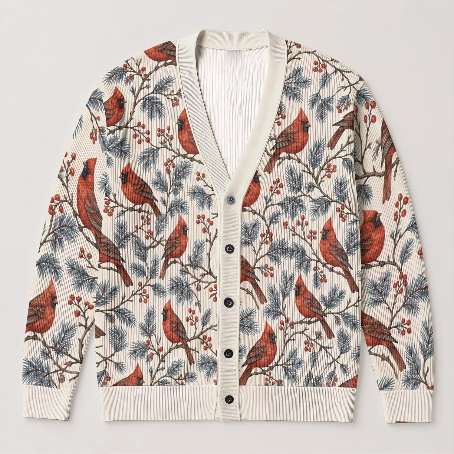 Rustic Red Cardinals and Pine Sprigs for Cozy Autumn Winter Layering for Women All-over Print Knitted Cardigan - 1