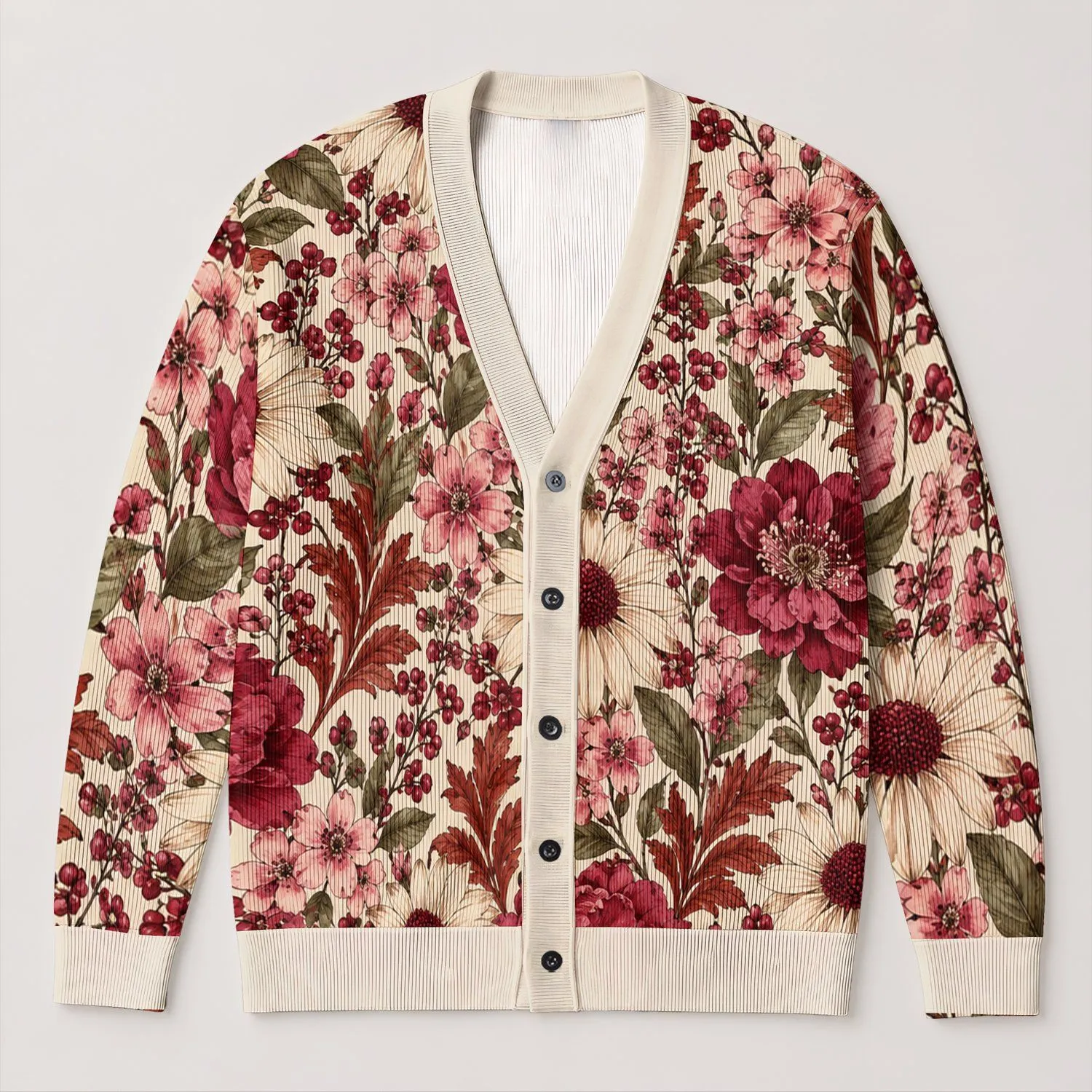 Burgundy Daisy and Rose Blooms for Cozy Autumn Layering and Everyday Style All-over Print Knitted Cardigan - 1