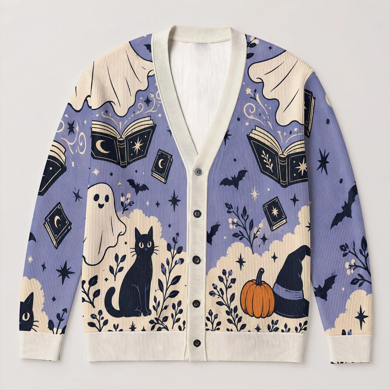 Halloween Ghosts, Bats and Black Cat for Cozy Spooky Autumn Layering All-over Print Knitted Cardigan - 1