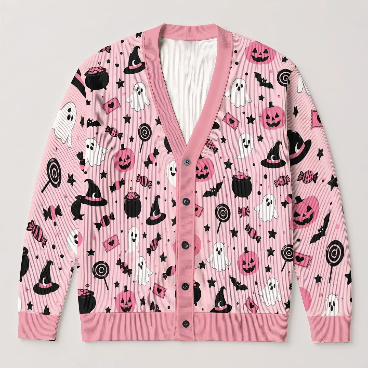 Halloween Pumpkins And Ghosts For Festive Autumn Outings And Cozy Seasonal Style All-over Print Knitted Cardigan - 1