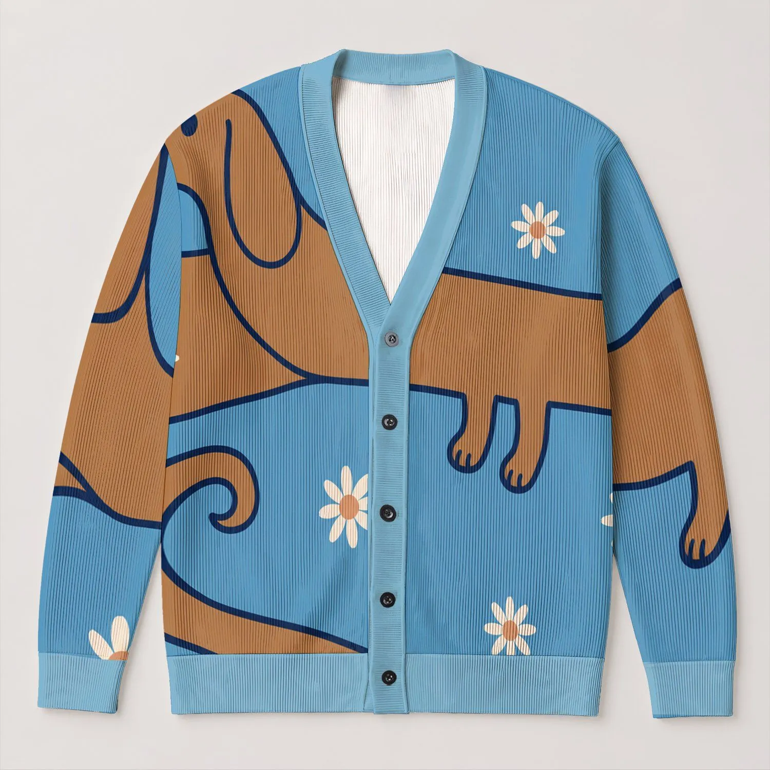 Blue And Tan Dachshund With Daisies For Cozy Autumn Outings And Casual Everyday Style All-over Print Knitted Cardigan - 1