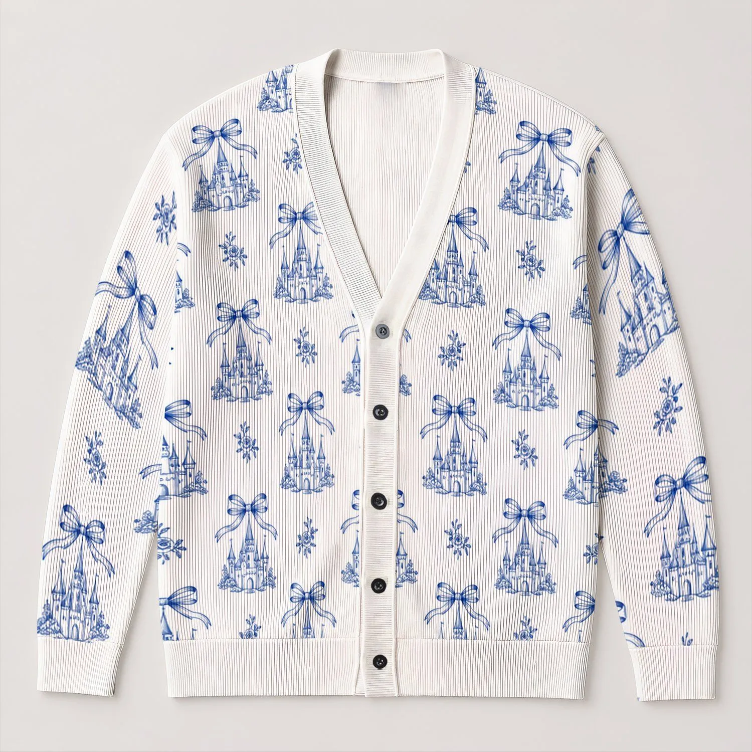 Fairytale Castle and Bow Motifs for Princess Park Days and Whimsical Outings All-over Print Knitted Cardigan - 1