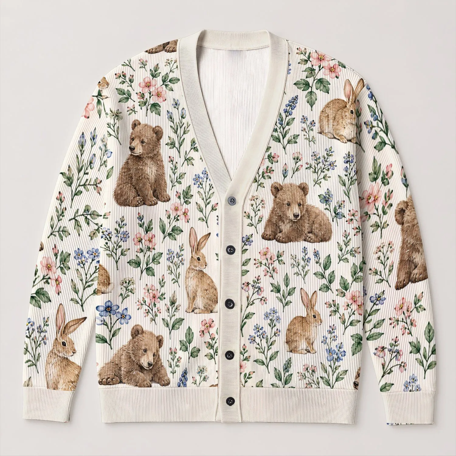 Woodland Bunny And Bear Florals For Cozy Autumn Layering And Nature-Lover Daily Wear All-over Print Knitted Cardigan - 1
