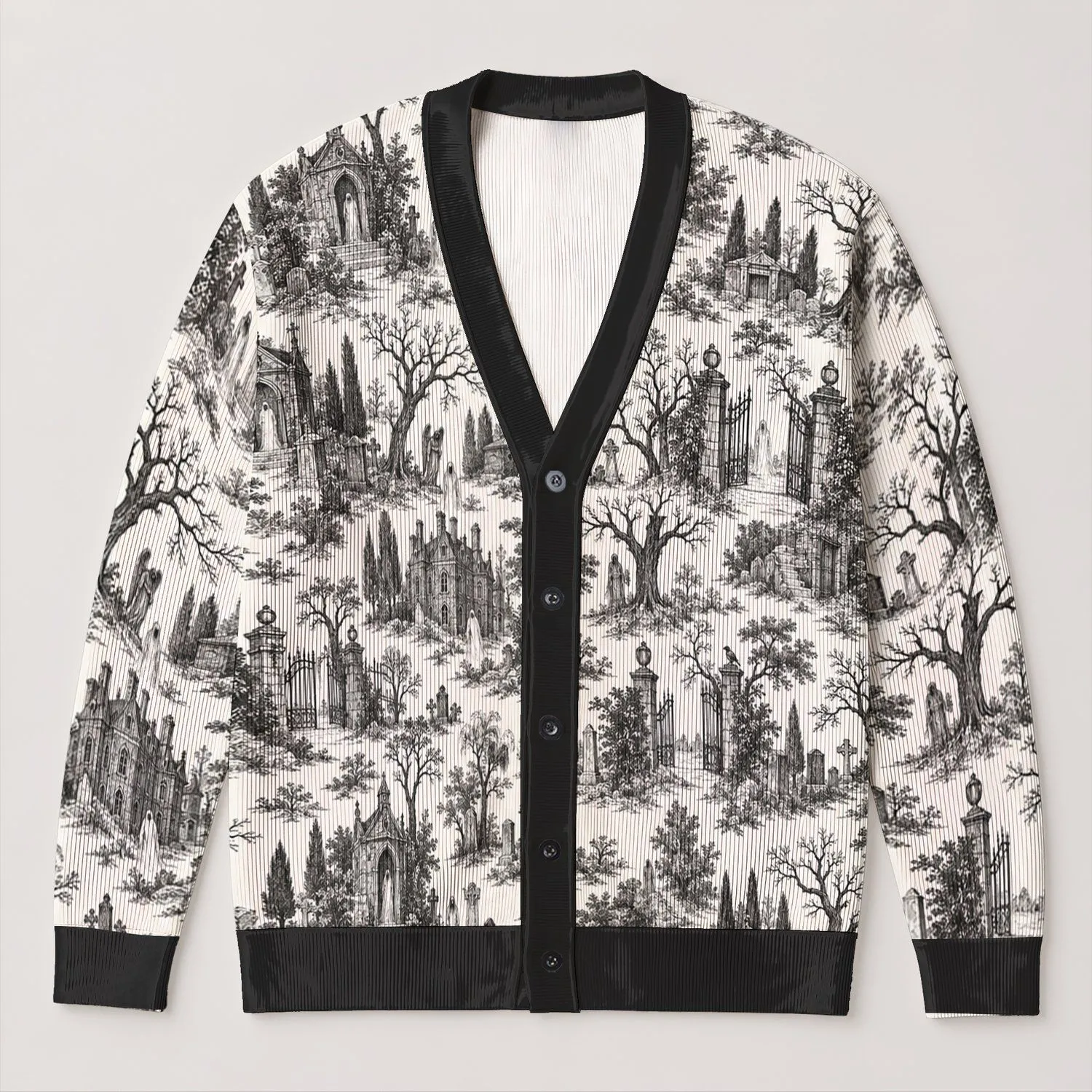 Hitchhiking Ghosts Haunted Mansion Scenes for Spooky Season and Gothic Style Fans Gift All-over Print Knitted Cardigan - 1