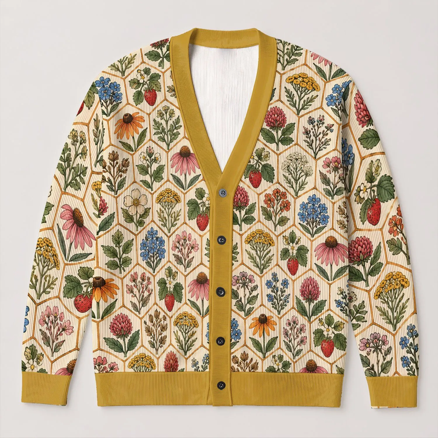 Botanical Honeycomb Flowers for Autumn Layering, Women's Cottagecore Everyday Style All-over Print Knitted Cardigan - 1