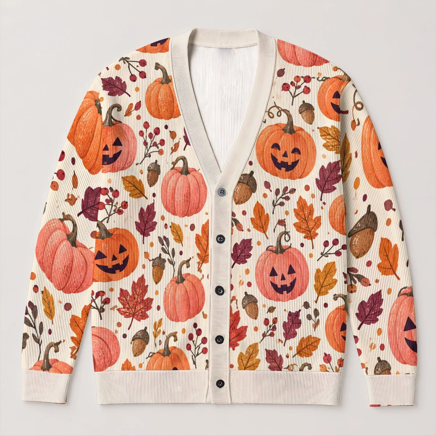Pumpkin And Autumn Leaves For Festive Halloween Outings And Cozy Everyday Layering All-over Print Knitted Cardigan - 1