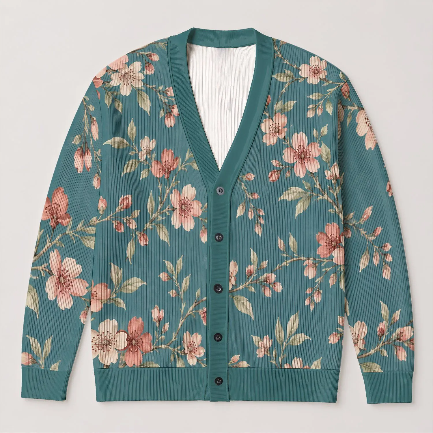 Teal Cherry Blossom Branches for Cozy Autumn Layering and Everyday Botanical Style All-over Print Knitted Cardigan - 1