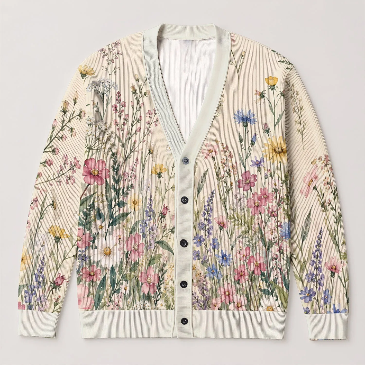 Watercolor Meadow Florals for Relaxed Spring Layering and Everyday Cottage Garden Style All-over Print Knitted Cardigan - 1