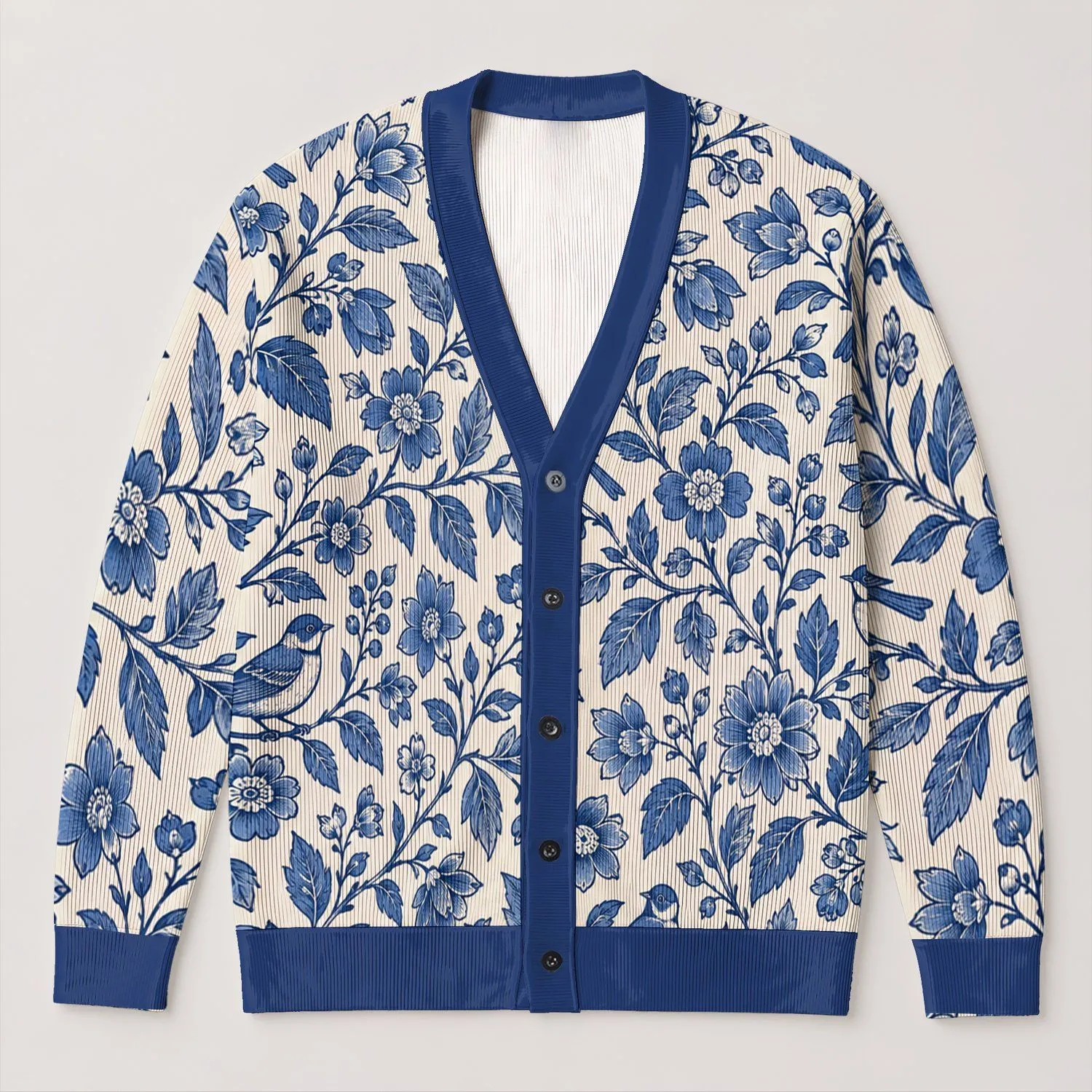 Indigo Floral Birds For Autumn Layering And Everyday Cottage Style Wardrobe Appeal All-over Print Knitted Cardigan - 1