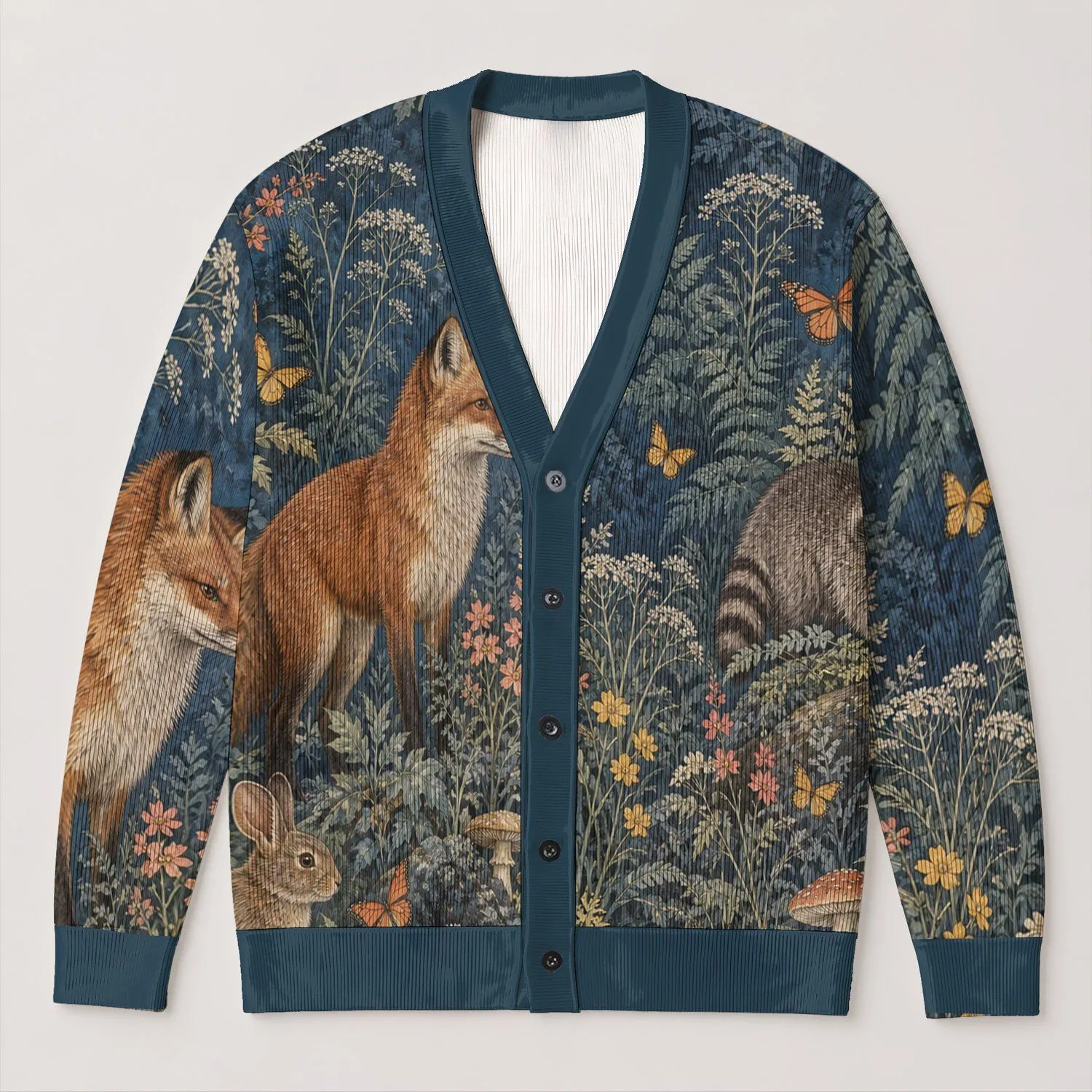 Blue Woodland Fox And Raccoon Scene For Cozy Weekend Layering And Nature-Loving Women All-over Print Knitted Cardigan - 1