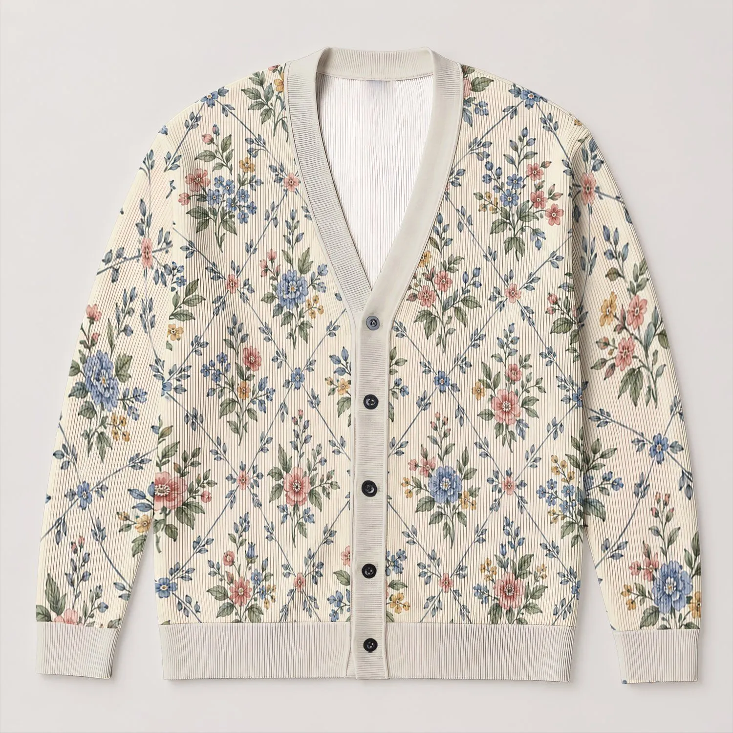 Pastel Floral Lattice Blooms for Everyday Layering and Cottage Garden Spring Style All-over Print Knitted Cardigan - 1