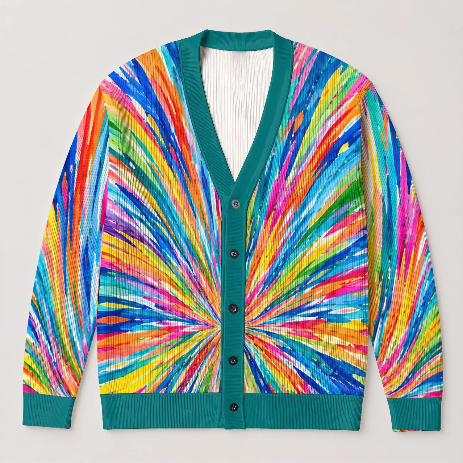 Rainbow Radiating Stripes for Colorful Everyday Layering and Festival Weekend Style All-over Print Knitted Cardigan - 1