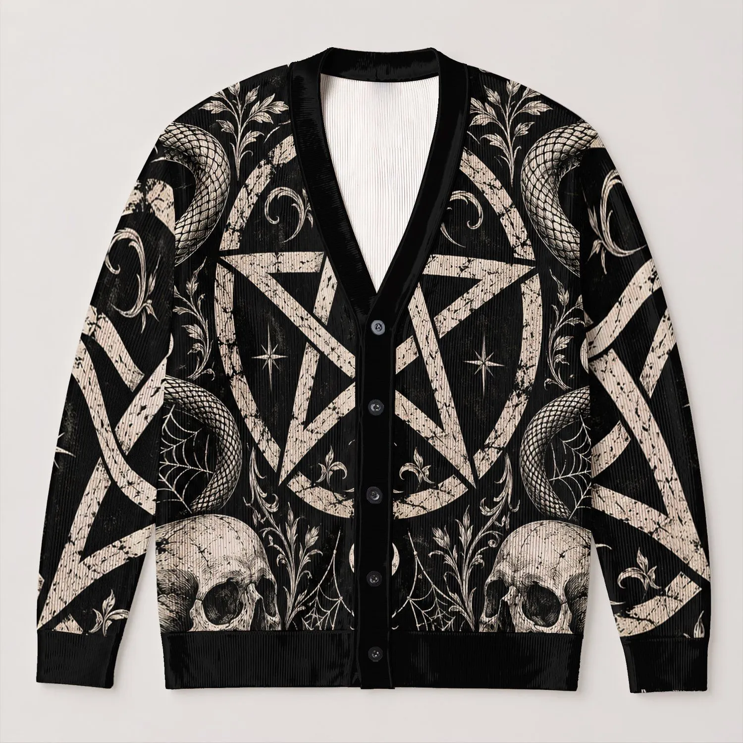 Occult Pentagram Snake Skull Moon Gothic Style for Everyday Alternative Wear All-over Print Knitted Cardigan - 1