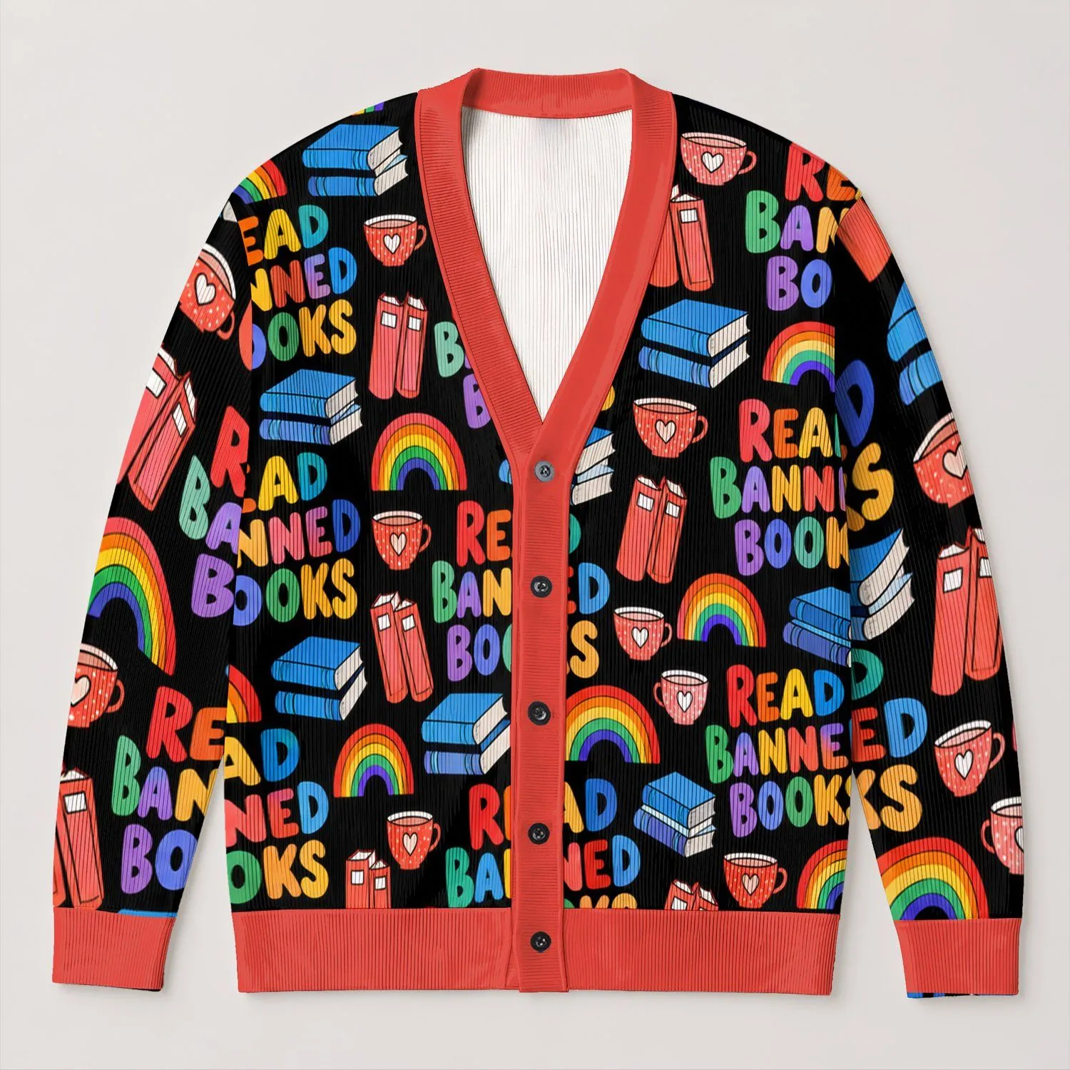Read Banned Books Rainbow Literary Autumn Layering Gift for Young Adult Readers All-over Print Knitted Cardigan - 1