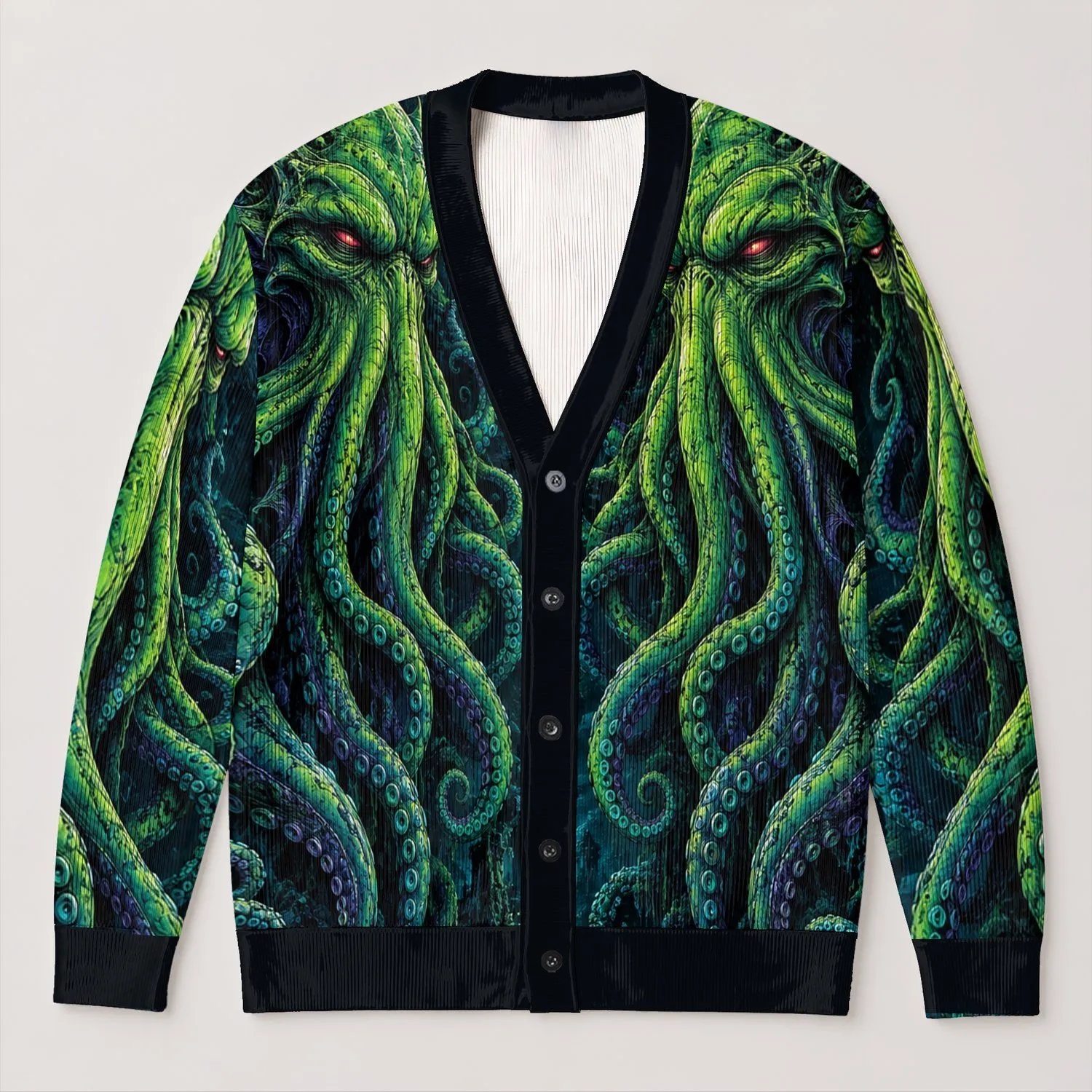 Twin Green Cthulhu Tentacles for Halloween Horror Nights and Everyday Layering All-over Print Knitted Cardigan - 1