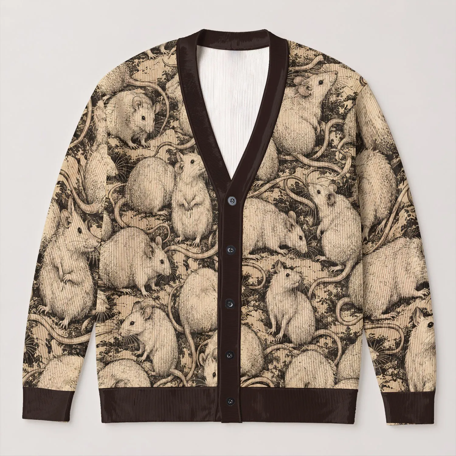 Vintage Rat Sketches for Everyday Layering and Casual Autumn Style All-over Print Knitted Cardigan - 1