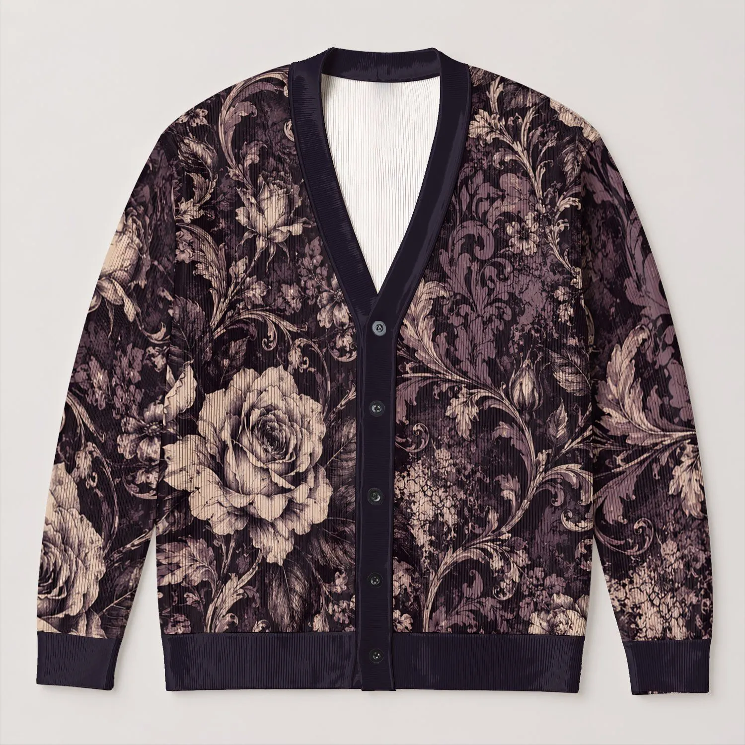 Gothic White Rose Swirls for Dark Academia Layering Teens Alternative Style All-over Print Knitted Cardigan - 1
