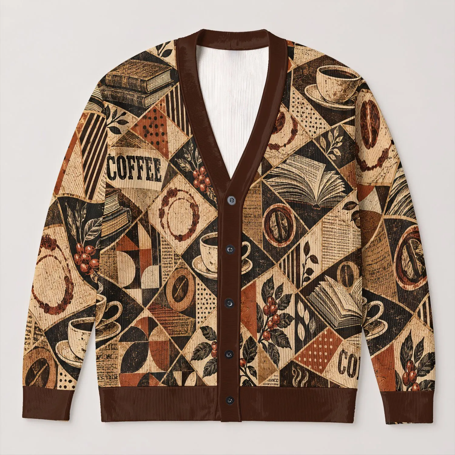 Vintage Coffee Book Patchwork for Cozy Cafe Days and Autumn Reading Lovers All-over Print Knitted Cardigan - 1