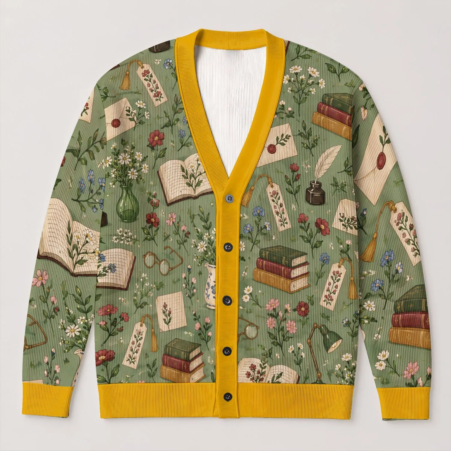 Vintage Books And Botanical Stationery For Cozy Autumn Study Days All-over Print Knitted Cardigan - 1