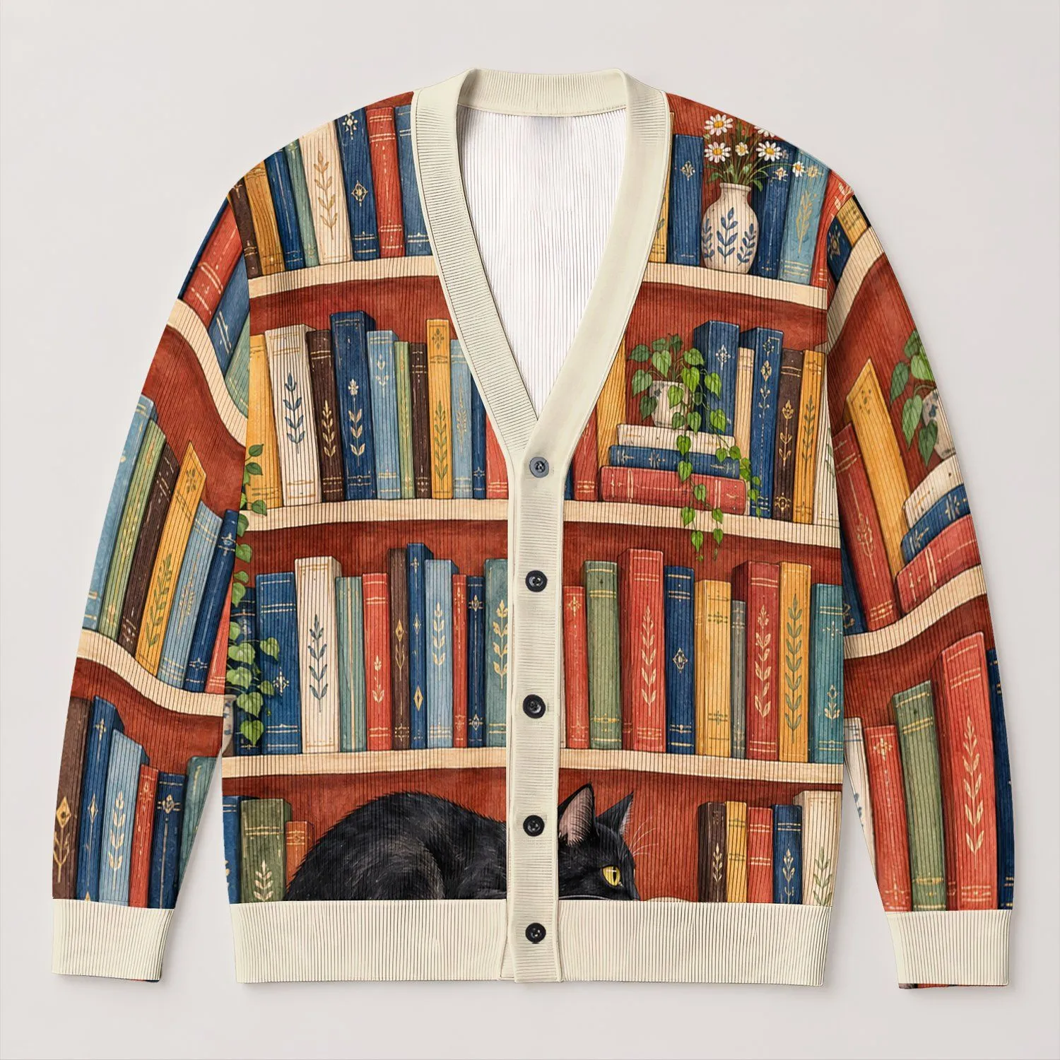 Watercolor Bookshelf and Black Cat Reading Scene for Cozy Study Days and Book Lovers All-over Print Knitted Cardigan - 1