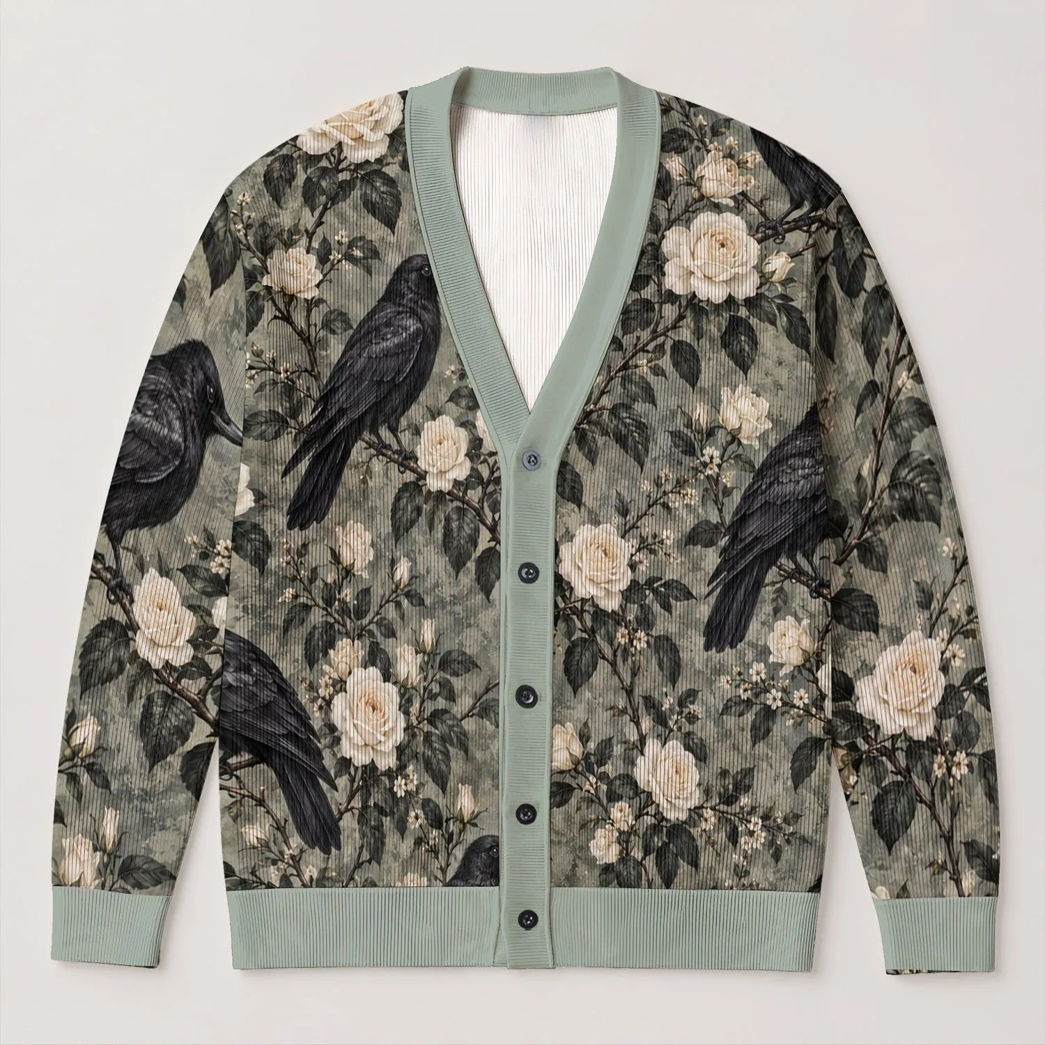 Black Crows and Ivory Roses for Moody Halloween Layering and Gothic Autumn Style All-over Print Knitted Cardigan - 1